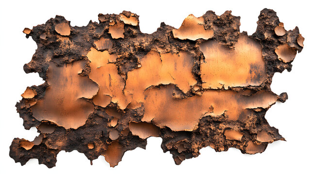 realistic texture of rusty metal with patches of corrosion and peeling paint, isolated on a plain white background