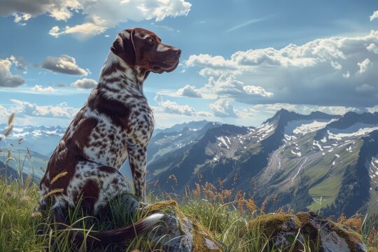with the hunting dog  a pudelpointer  on the mountains at a sunny spring day