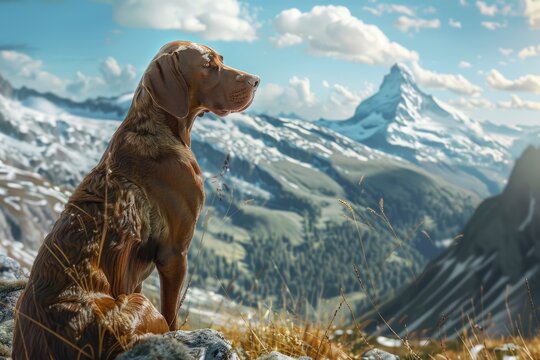 with the hunting dog  a pudelpointer  on the mountains at a sunny spring day