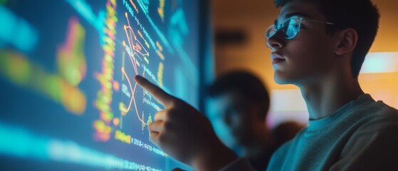 A young person examines a digital interface, absorbed in colorful data streams and graphics on a glowing screen in a dimly lit room.