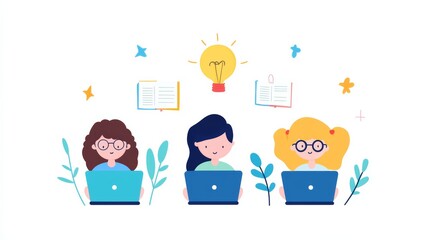 Cute Illustration of Kids Studying with Laptops and Books in a Creative Learning Environment
