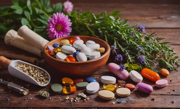 Bowl of multicolored pills and herbs on a wooden table. There are many different colored pills in the bowl, including yellow, blue, and orange. There are also some herbs