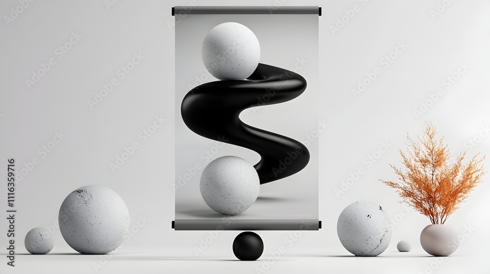 Poster minimalist and balanced abstract layout with a grayscale color scheme created in a 3d studio environ