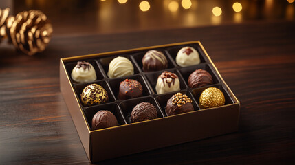 Elegant assortment of gourmet chocolates in a luxurious gift box, with glowing golden bokeh lights creating a festive and indulgent atmosphere