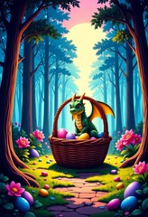 Fototapeta premium Whimsical Cartoon Fantasy Scene: Dragon Guarded Easter Basket in Glowing Magical Forest for Vaporwave Artwork with Copy Space