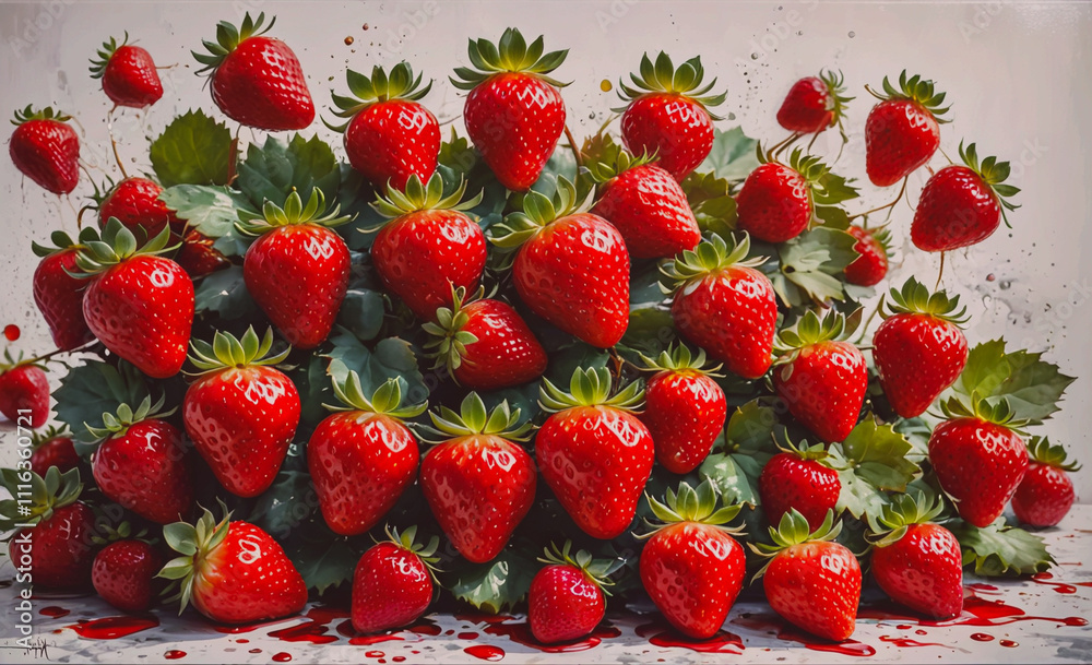 Poster Bunch of red strawberries with a few drops of red paint on them. The strawberries are arranged in a pile