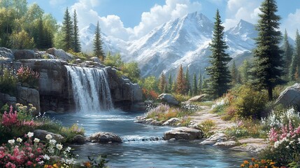 Serene mountain waterfall cascading into a tranquil alpine pool surrounded by colorful wildflowers and lush greenery, with snow-capped peaks in the background.