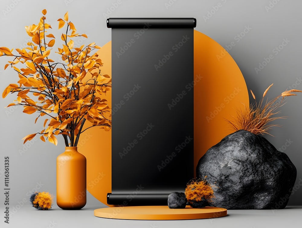 Poster minimalist roll up banner prototype featuring a dynamic composition tactile materials and natural st