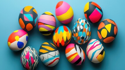 Hand-painted Easter egg designs with bold geometric patterns, vibrant colors, and creative artistry