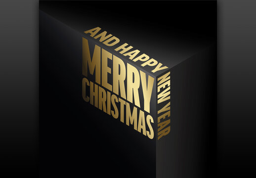 Modern trendy dark golden christmas card 2025 with textmerry christmas and happy new year on the box edge
