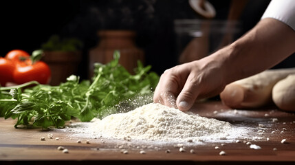 hands kneading dough on table