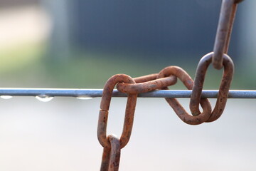This is an image of a rusty chain link hanging on a metal wire adorned with raindrops