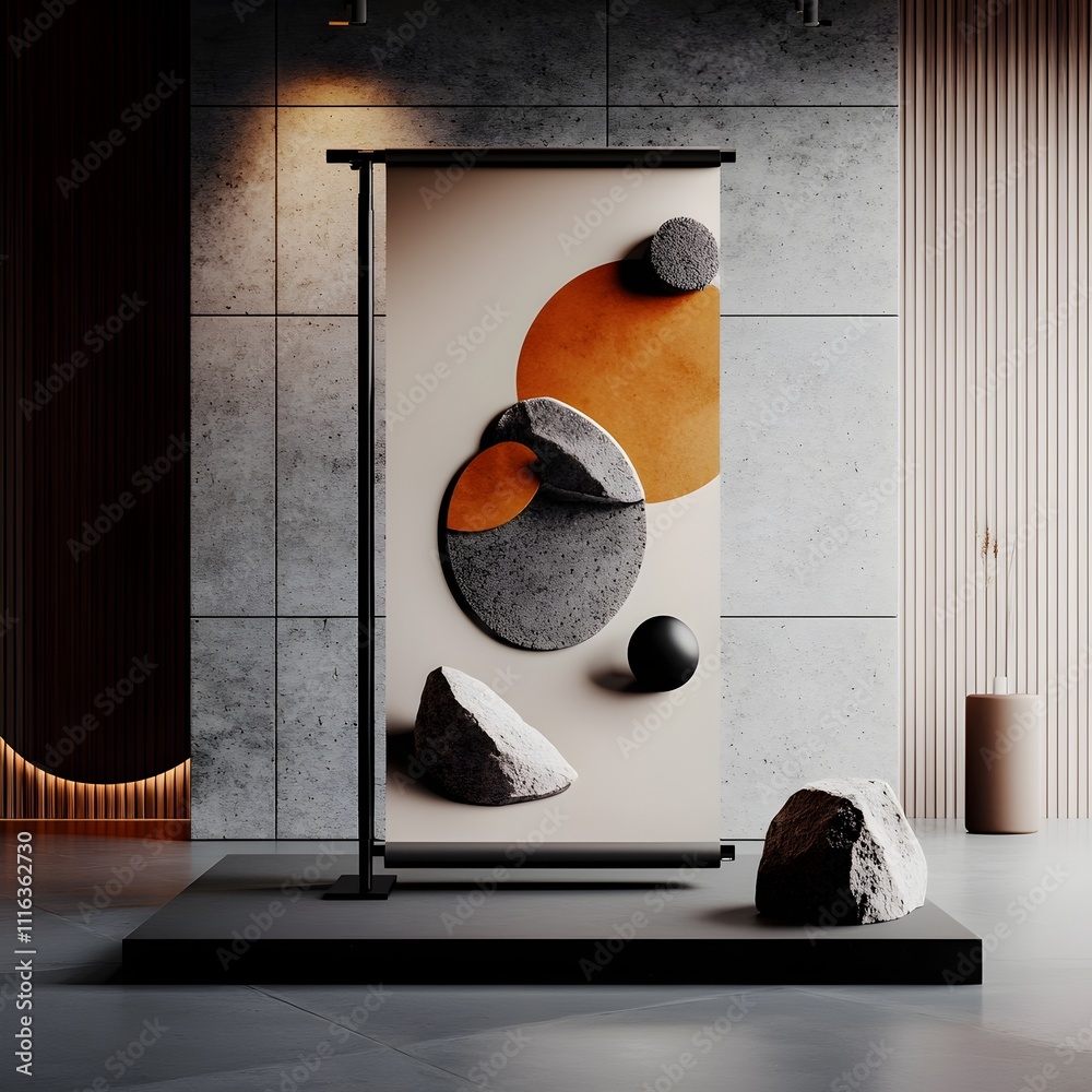 Poster minimalist roll up display stand with a streamlined geometric form and a matte low reflectivity fini