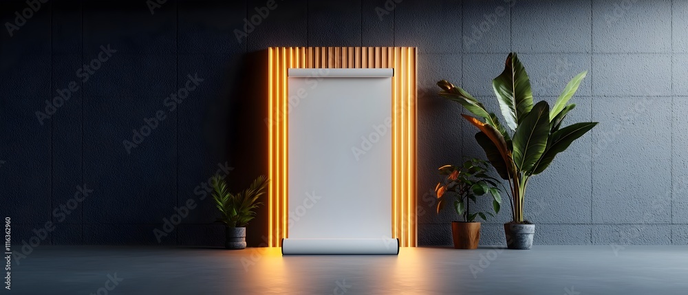 Poster minimalist and modern roll up display set against a clean architectural studio backdrop with simple 