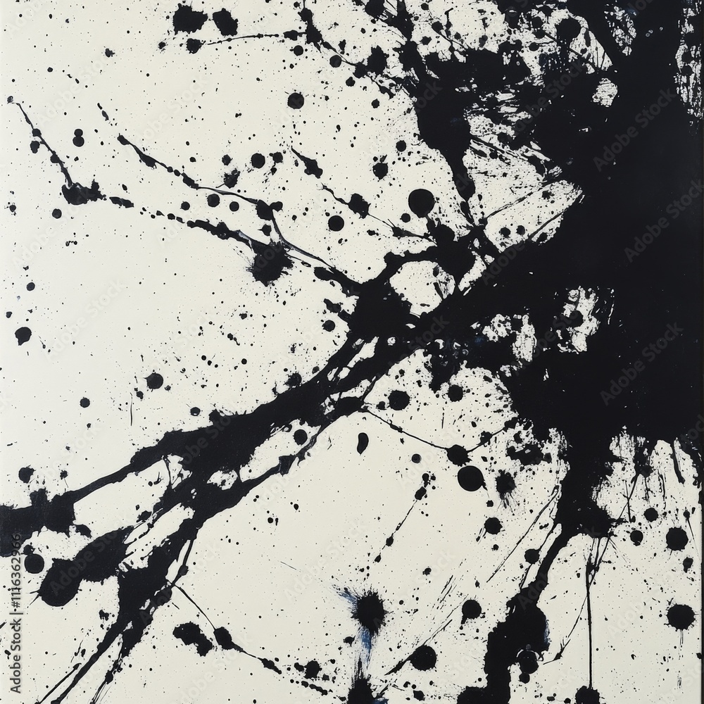 Fototapete A black splatter ink background offers a striking and dynamic visual experience. Bold splashes and intricate patterns of black ink spread across the canvas, creating a sense of depth and movement.