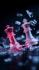 A dramatic image of a chess game, where the queen and king face each other