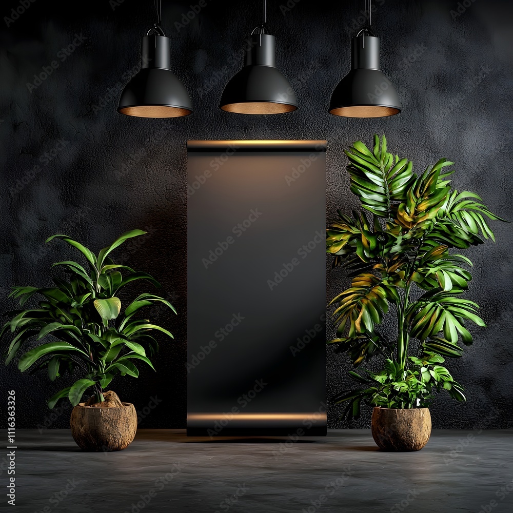 Poster minimalist and sophisticated studio backdrop setup with an empty roll up banner soft lighting and ci