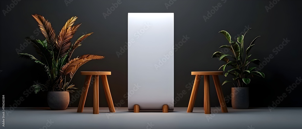 Poster minimalist studio space with a plain white roll up display clean lines simple geometric forms and ge