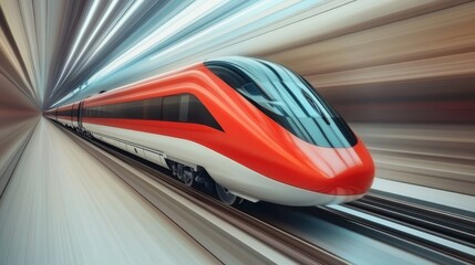 Fototapeta premium Red and white train navigating a dark tunnel, journey through the heart of the mountain