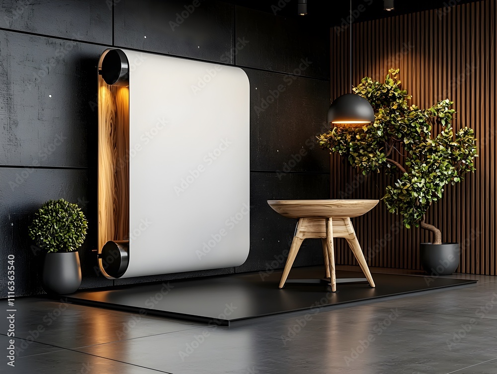 Poster minimalist white roll up display in a sleek contemporary studio environment dramatically illuminated