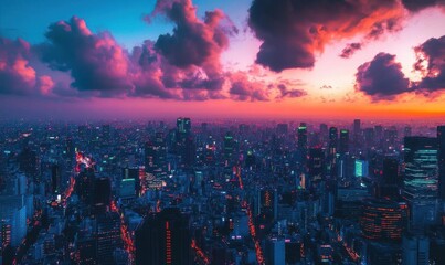 Obraz premium A vibrant city skyline at sunset, showcasing urban beauty and life.