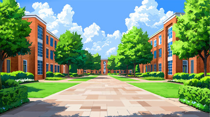 Peaceful university campus with brick buildings, lush green trees, and paved walkways on a bright sunny summer day