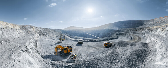 Big yellow mining truck for coal working in quarry. Panoramic of open pit mine industry, aerial view