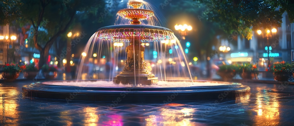 Aufkleber Beautiful evening view of a decorative fountain illuminated with colorful lights, surrounded by lush greenery and soft reflections on wet pavement in an urban setting