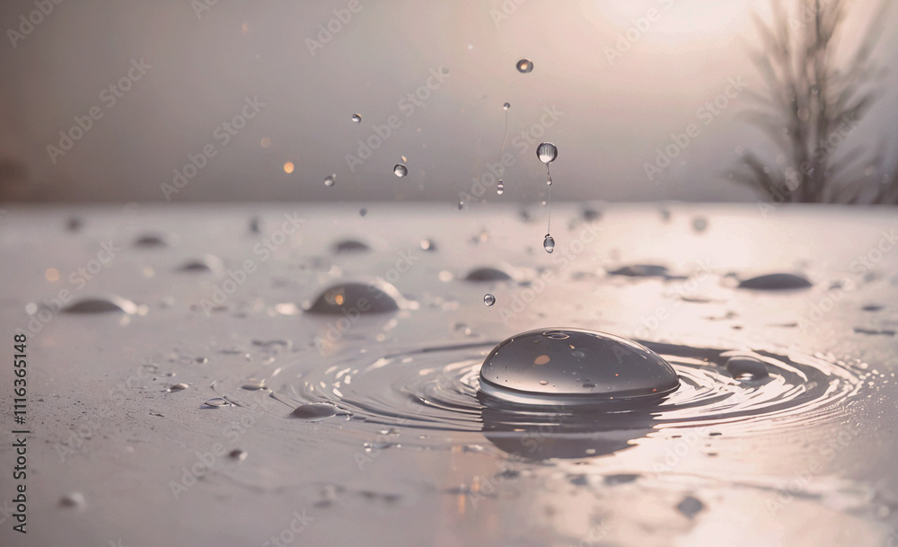 Poster Small splash of water on a surface. The water is in the shape of a circle. There are many drops of water on the surface