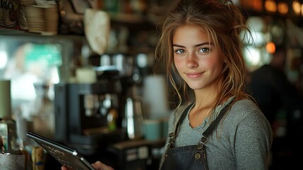 A young woman filing her taxes electronically on a tablet at a coffee shop