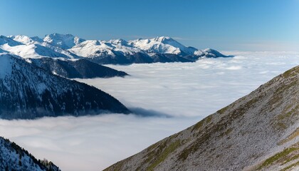 산꼭대기 풍경 눈으로 덮인 산봉우리와 그 아래로 펼쳐진 운해