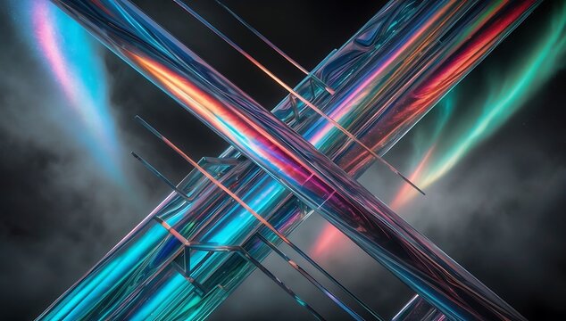 Chromatic Crossfire: Abstract digital art showcasing intersecting iridescent metallic tubes, bathed in vibrant neon lights against a smoky backdrop.  A captivating blend of technology and artistry.