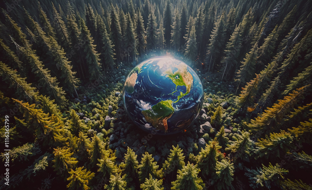 Aufkleber Globe is in the middle of a forest. The globe is surrounded by trees and rocks. The globe is green and blue