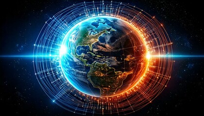 Earth seen from space, covered in a glowing network of structures