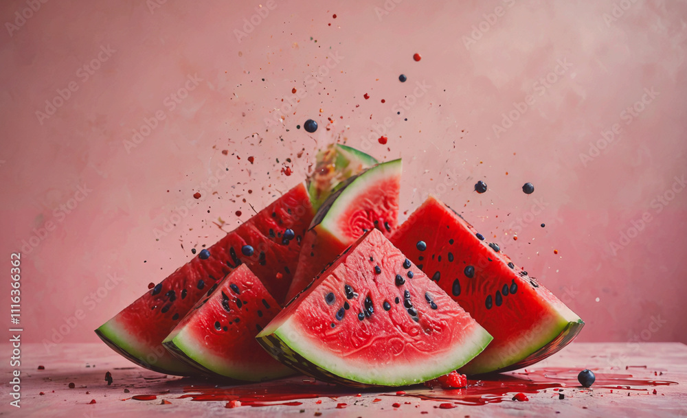 Poster watermelon is cut into slices and is on a table. the slices are red and black