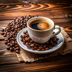 cup of fresh coffee with coffee beans on wooden ta