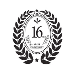 16th Years Anniversary celebration. Vector Template festive illustration Golden Color,. Birthday or wedding party event decoration.