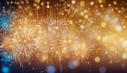 Fototapeta premium New year celebration with golden fireworks and bokeh lights blurred background. Generative AI
