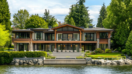 Obraz premium Northwest Contemporary Home with Cedar and Waterfall, Mercer Island Estate