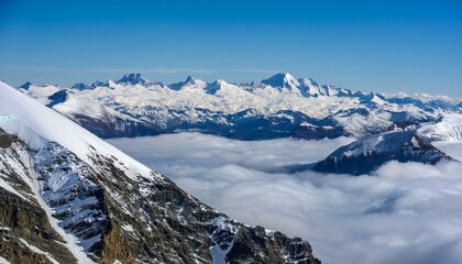 산꼭대기 풍경 눈으로 덮인 산봉우리와 그 아래로 펼쳐진 운해