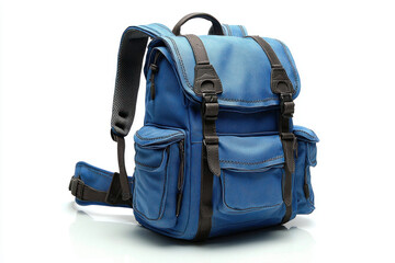 Naklejka premium Blue backpack with pockets and buckles isolated on white.