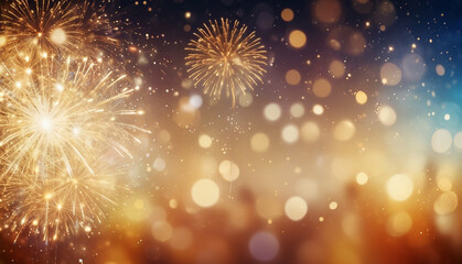Fototapeta premium New year celebration with golden fireworks and bokeh lights blurred background. Generative AI