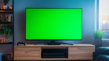Fototapeta premium Green screen TV on wooden stand with gaming console in cozy room