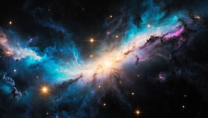 Fototapeta premium Cosmic Symphony: A mesmerizing nebula with vibrant hues of blue, purple, and pink, illuminated by a radiant core, creates a breathtaking spectacle of cosmic wonder. 