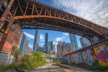 Obraz premium A soaring bridge arching above a dilapidated industrial area, with a rusted steel structure contrasting against the background sleek glass skyscrapers and vibrant street art.