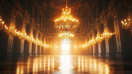 Obraz premium A grand, illuminated hall with ornate chandeliers and a reflective floor, exuding elegance.