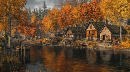 Fototapeta premium Autumnal riverside village; rustic cabins, colorful foliage.