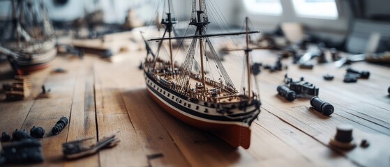 A model ship intricately detailed, displayed atop a wooden table amidst other nautical trinkets, evoking maritime adventure and craftsmanship.