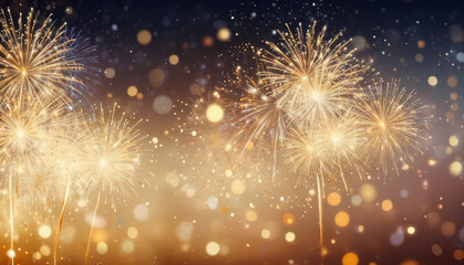 Fototapeta premium New year celebration with golden fireworks and bokeh lights blurred background. Generative AI