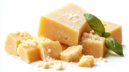 Parmesan cheese, sliced and crumbled, with fresh basil leaves on a white background.